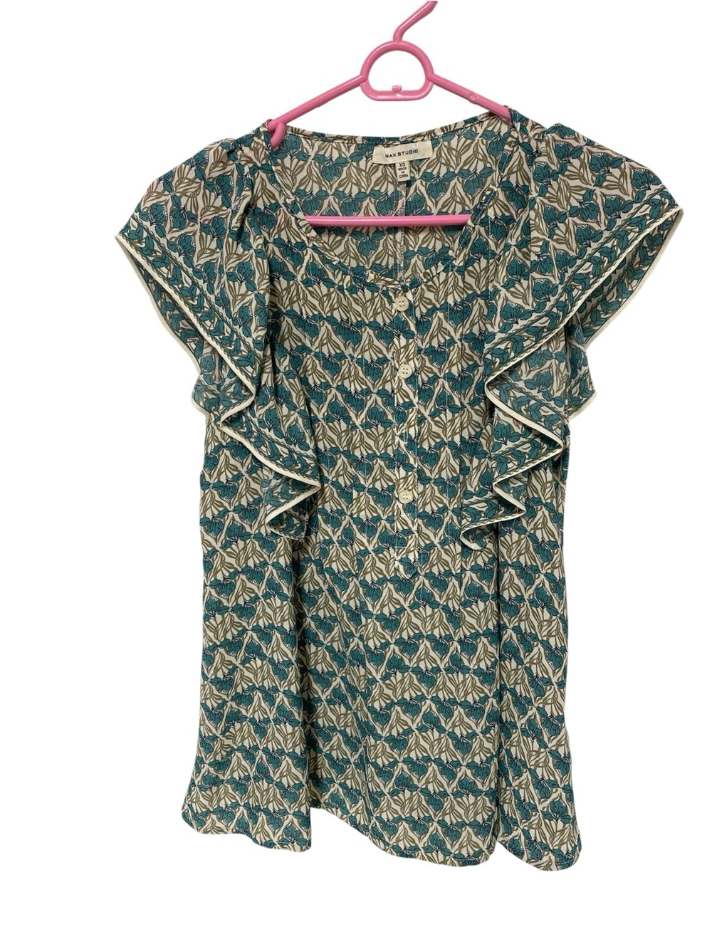Max Studio Teal and Cream Floral Ruffle Top